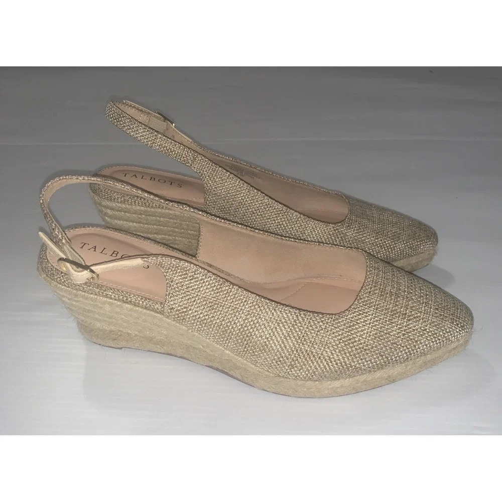 Talbots Vivi Raffia Slingback Espadrille Wedges Beige Canvas Preppy Size 8.5M